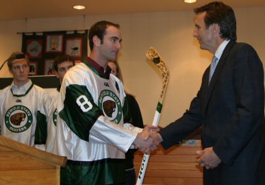 Governor Pawlenty meets with members of the Bemidji State hockey program after participating in a ce...