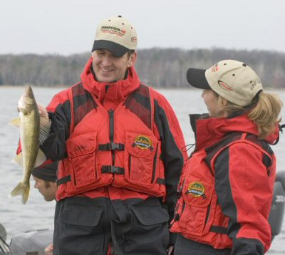 Governor Pawlenty, with First Lady Mary Pawlenty, catches a 17-inch walleye at 11:05 a.m. on the nor...