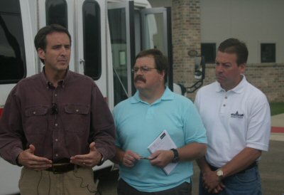 Governor Pawlenty, Mayor Tom Stiehm, and State Senator Dan Sparks discuss relief efforts and flood d...