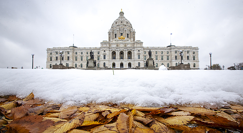 snowy MN state capitol with leaves in foreground